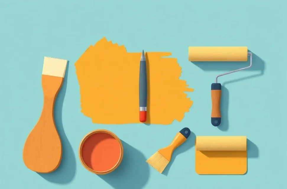 Outils de peinture disposés dans l'ordre des étapes du chantier