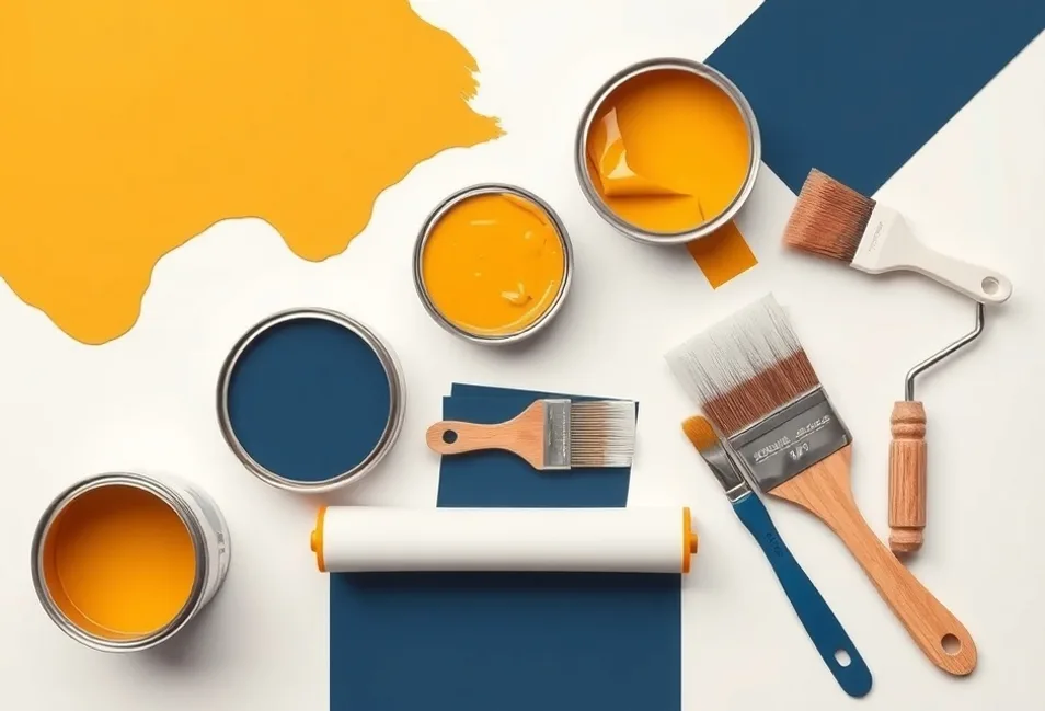 Pots de peinture, nuancier, brosses et rouleaux disposés à plat