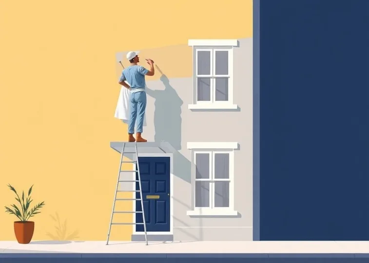 Peintre sur échafaudage traitant la façade d'une maison